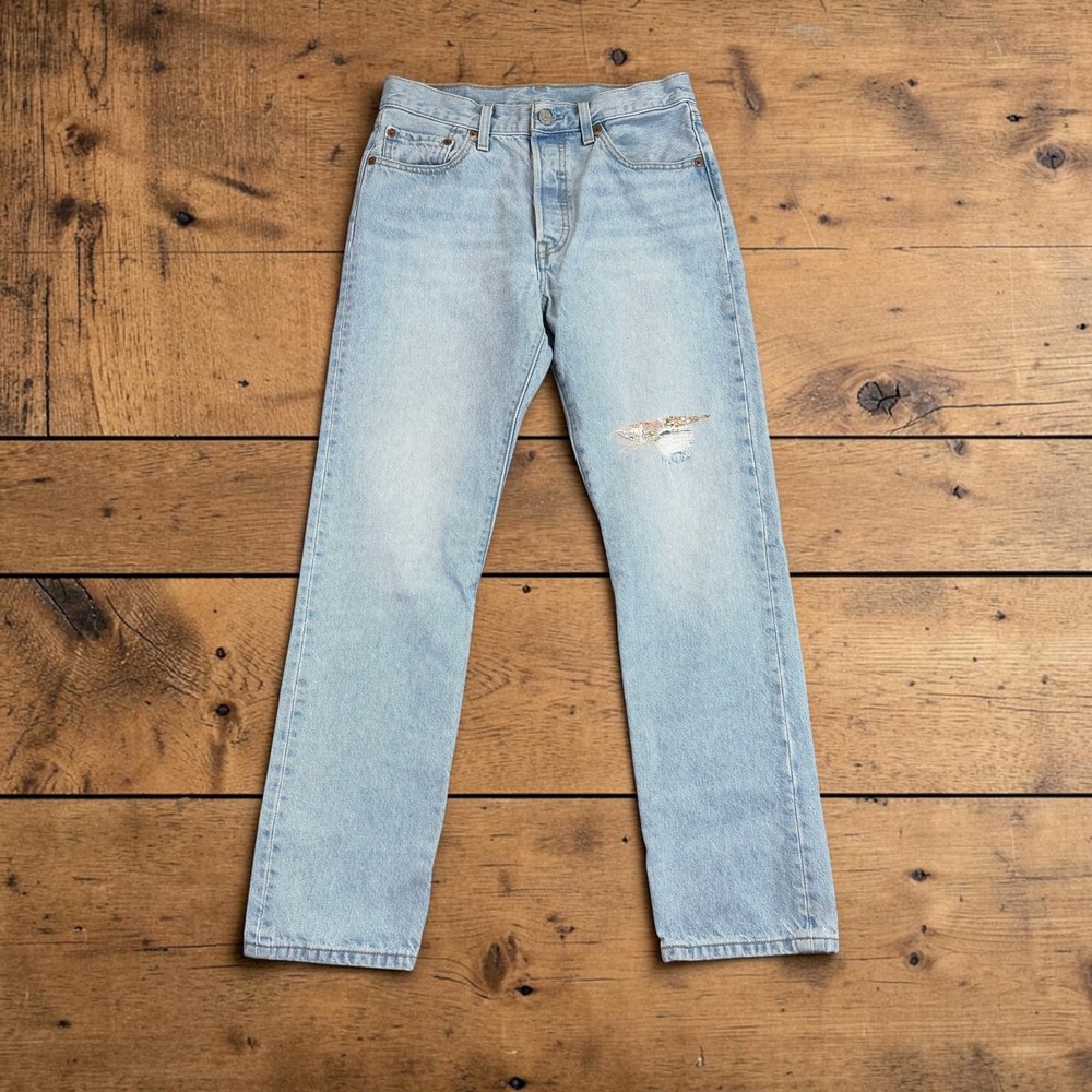 Levi's 501 Jeans Women 28 Blue 150th Anniversary Edition Straight Floral Patch